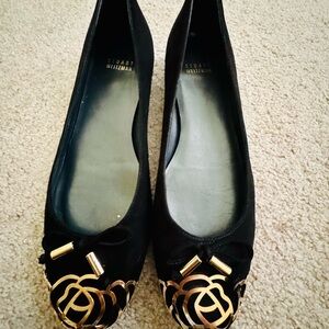 Stuart Weitzman Black and Gold Flats with Floral Embellishment